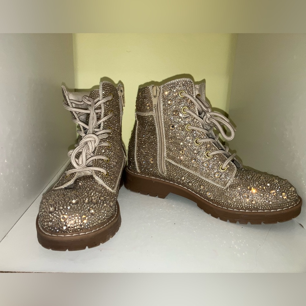Betsey Johnson Hudson boots back to school gold crystal gem studded shoes 3 girl